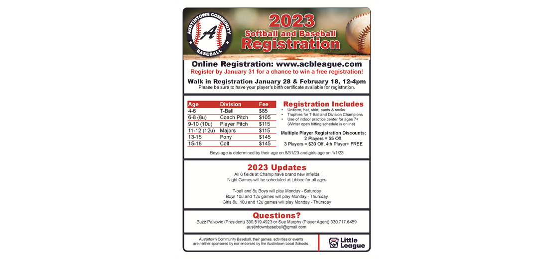 2023 Softball & Baseball Registration now open!