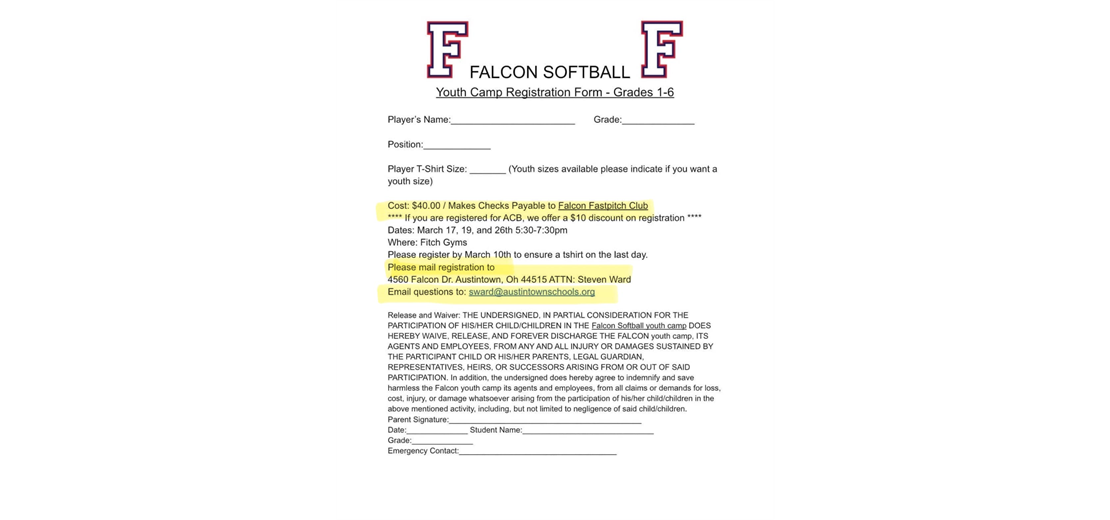 Fitch Youth Softball Camp