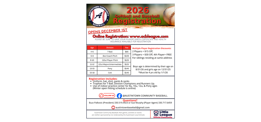 2026 Softball & Baseball Registration now open!